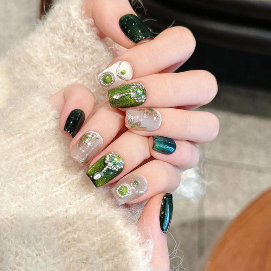 Squoval Short Nails Green Glitter Clear Crystal Metallic
