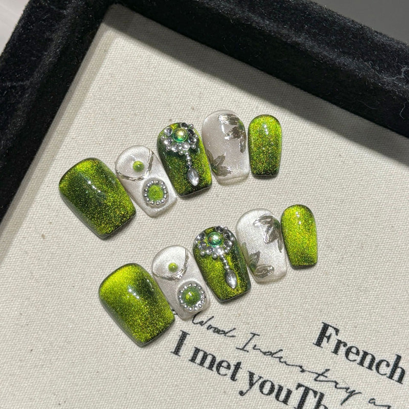 Squoval Short Nails Mint Green Yellow Floral Crystal Mix