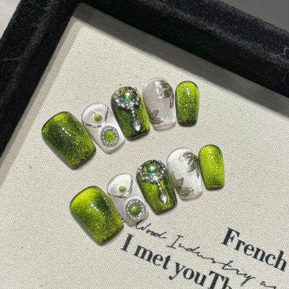 Squoval Short Nails Mint Green Yellow Floral Crystal Mix