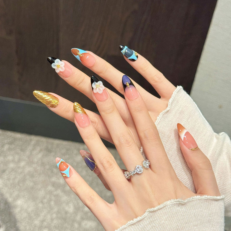 Vibrant Abstract Art Almond Nails with Gold Leaf & Florals