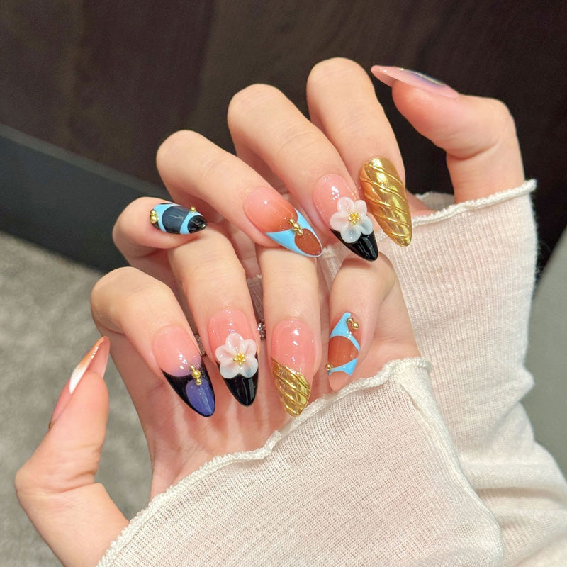 Vibrant Abstract Art Almond Nails with Gold Leaf & Florals