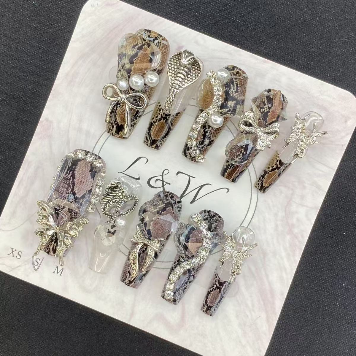 Snake Print Press On Nails with Pearls & Charm Decor | Kapownails