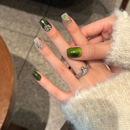Handmade Mint Green Yellow Floral Crystal Mix Squoval Short Nails - Fresh Pastel Design with Premium Flower Embellishments