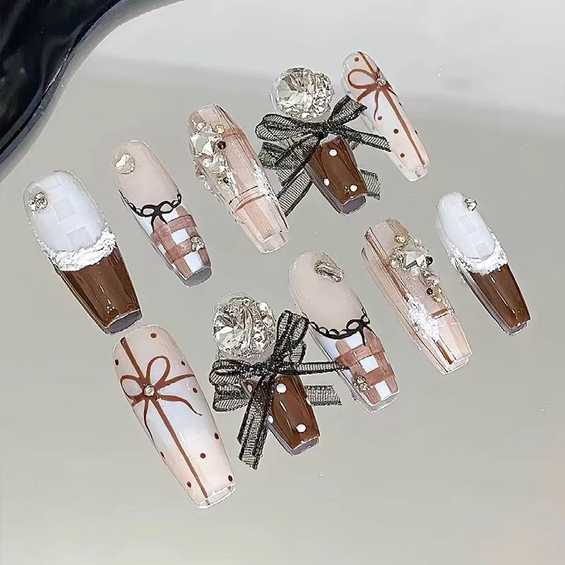 Earthy Press On Nails with Crystal & Bows | Kapownails