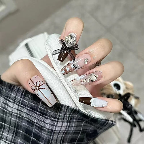 Earthy Press On Nails with Crystal & Bows | Kapownails