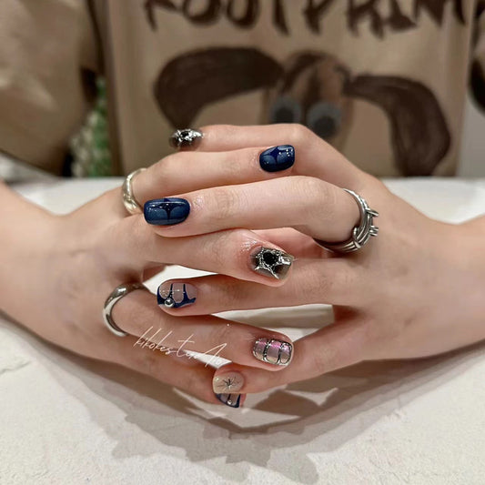 Premium Professional Nail Art Squoval Short Nails - Blue Pink Silver Color Palette with Metallic Accents and Artistic Details