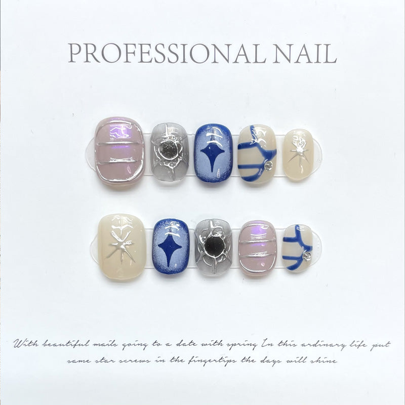 Elegant Blue Pink Silver Squoval Short Nails - Professional Quality Design with Luxury Embellishments and Refined Sophistication