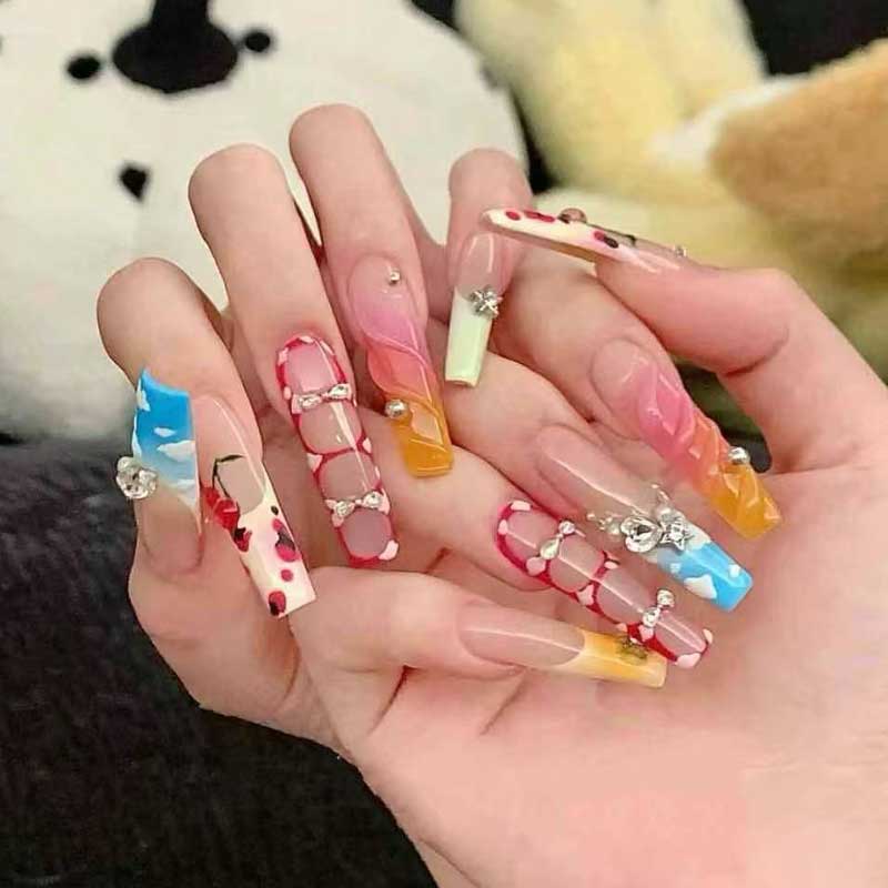 Gradient Floral & Starry Press On Nails - Rhinestone Glam | Kapownails