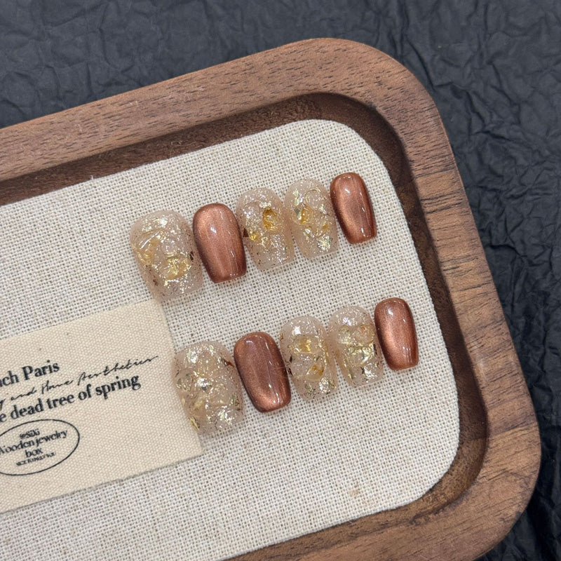 Elegant Brown Gold Foil Clear Ballerina Short Nails - Professional Quality with Autumn Sophistication and Transparent Accents