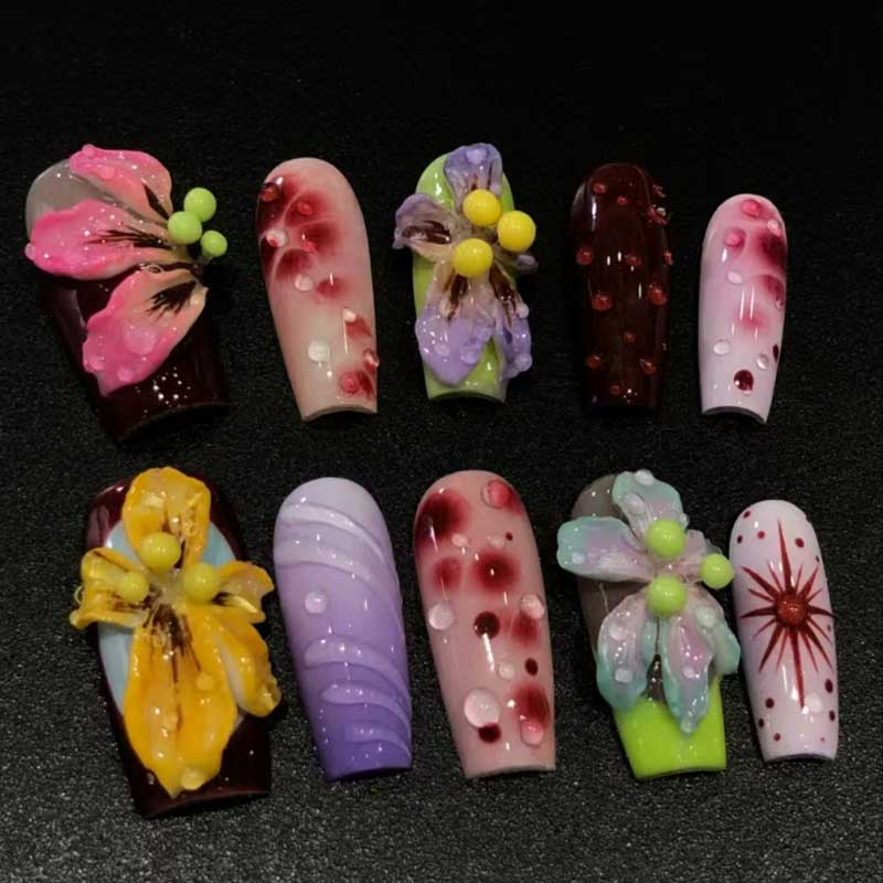 Kapownails 3D Floral Press On Nails - Colorful Bead & Gem Design