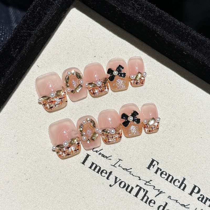 Premium Pink Pearl Flower Rhinestone Squoval Short Nails - Professional Quality with Luxury Embellishments and Elegant Style