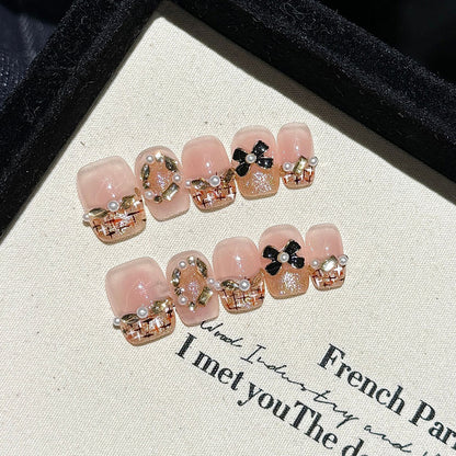 Premium Pink Pearl Flower Rhinestone Squoval Short Nails - Professional Quality with Luxury Embellishments and Elegant Style