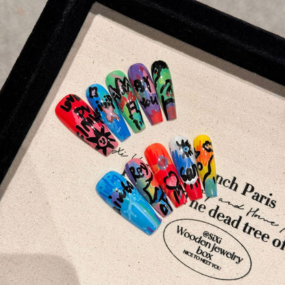 Colorful Graffiti Coffin Press-On Nails - Street Art Set