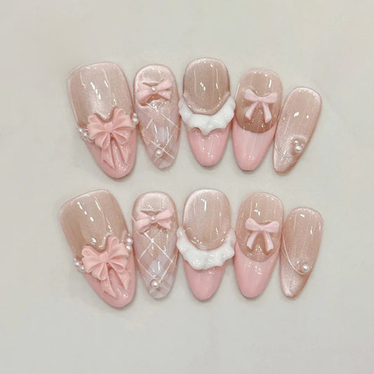 Almond Nails Pink Bow Pearl French