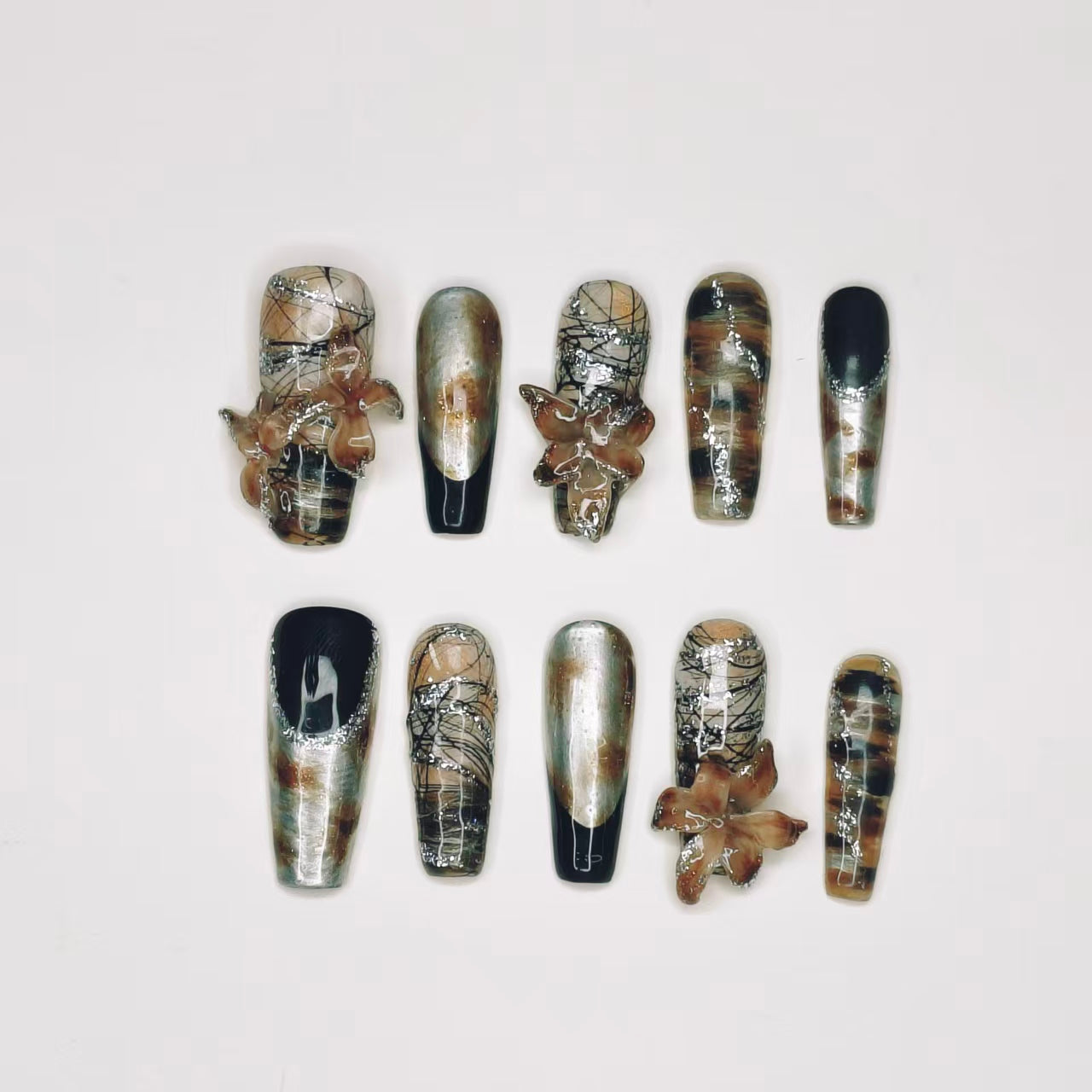 Dark Gothic Cat Eye Butterfly Nails | Long Coffin Set