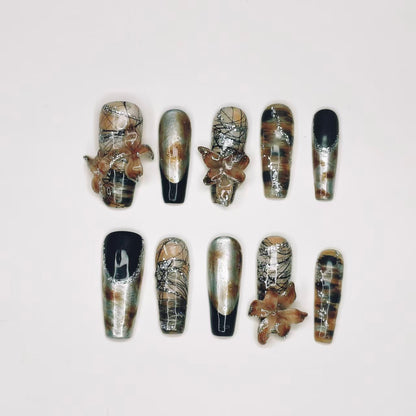 Dark Gothic Cat Eye Butterfly Nails | Long Coffin Set