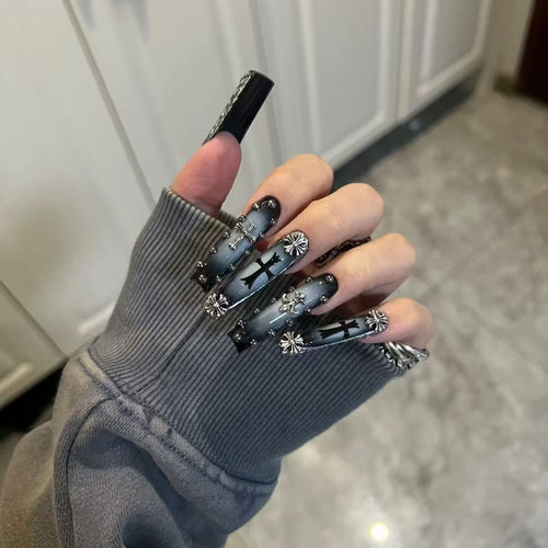 Edgy Elegance | Dark Gradient Press-On Nails - Gothic Cross & Studded Floral Details