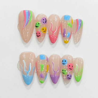 Y2K Colorful Almond Press-On Nails - Smiley Face Retro Set