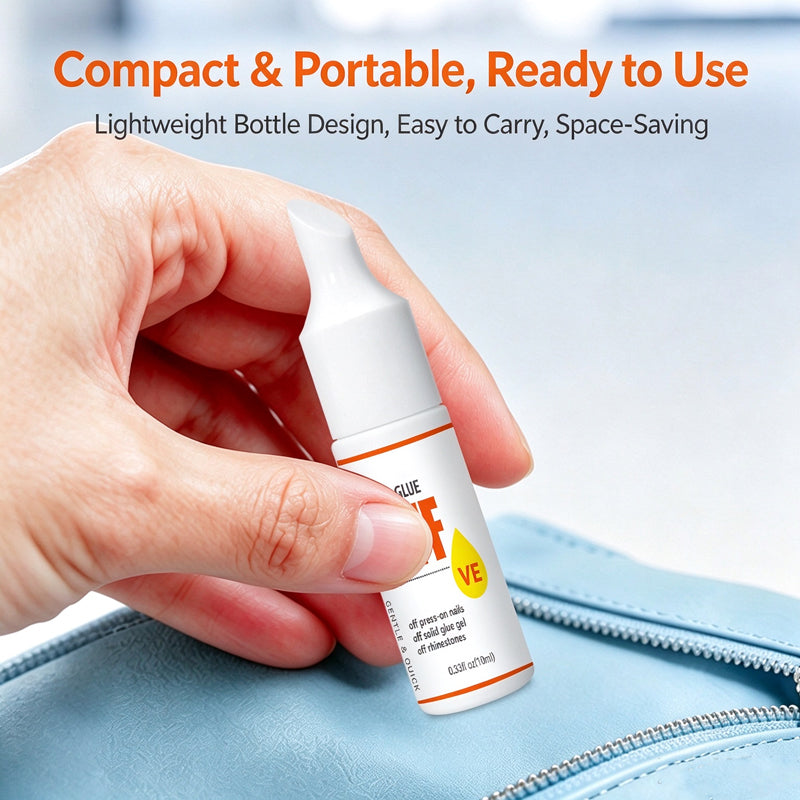 Sliding the Kapownails nail glue remover bottle into a handbag for on-the-go press-on nail touch-ups