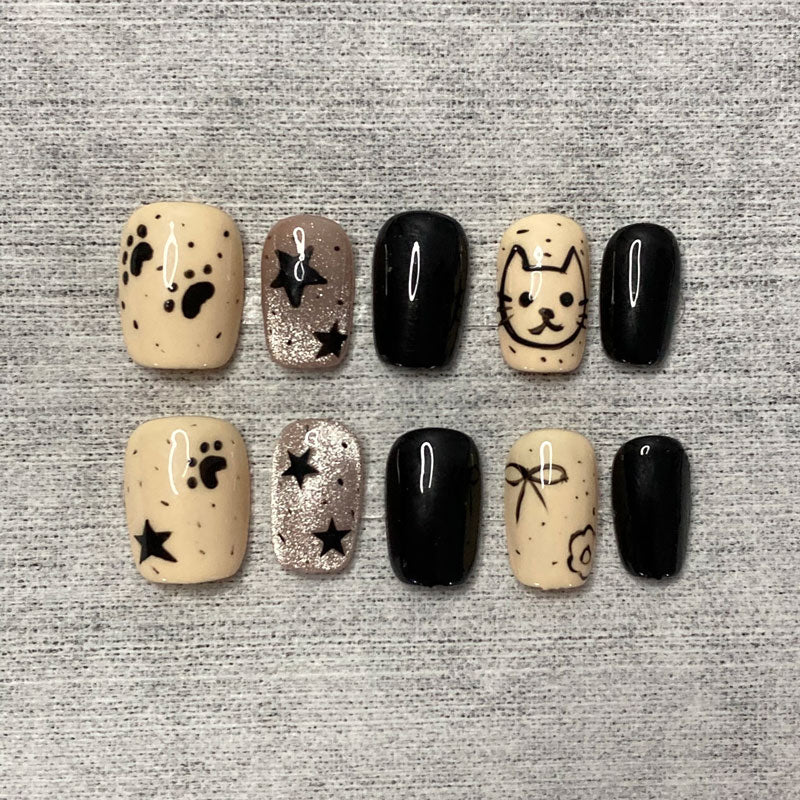 Handmade Cat & Star Press-On Nails | Black Beige Cute Set