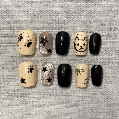 Handmade Cat & Star Press-On Nails | Black Beige Cute Set