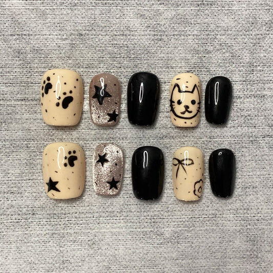 Handmade Cat & Star Press-On Nails | Black Beige Cute Set