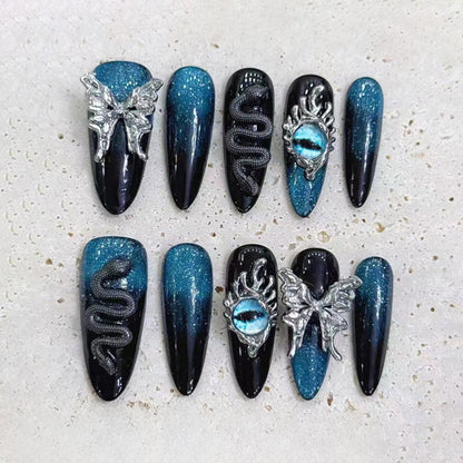 Black Teal Gradient Stiletto Press-On Nails - Ombre Set
