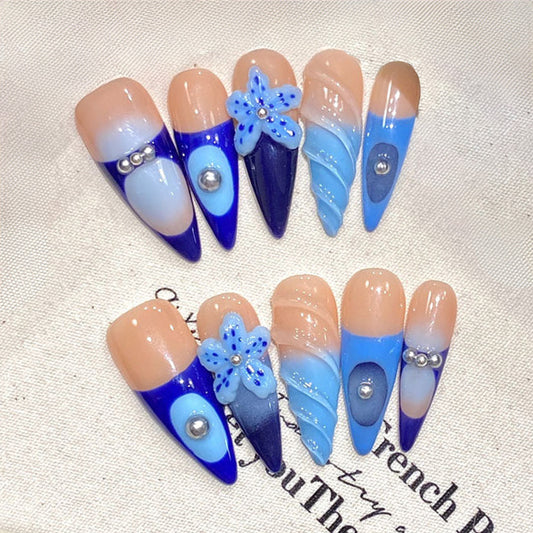 Stiletto Long Nails Blue Ombre Handmade Press On Floral Eye Pattern