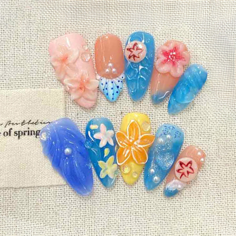 Blue Floral Gradient Nail Art Set - 3D Flower Designs