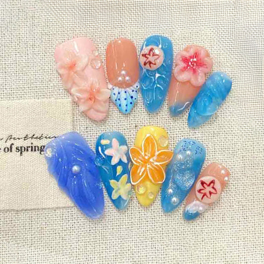 Blue Floral Gradient Nail Art Set - 3D Flower Designs