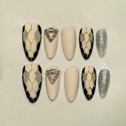 Beige - Black Rhinestone Press - ons, Minimalist Short Stiletto Nails