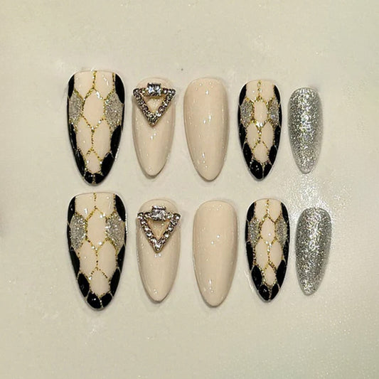 Beige - Black Rhinestone Press - ons, Minimalist Short Stiletto Nails