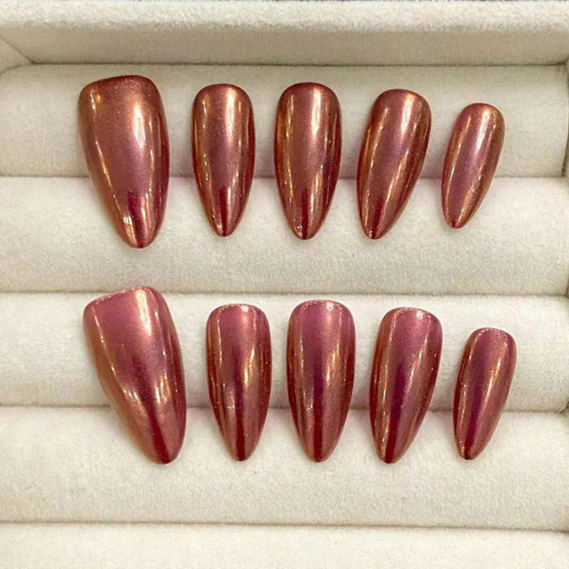 Almond Nails Red Bronze Metallic Handmade Press On Mirror Chrome Finish