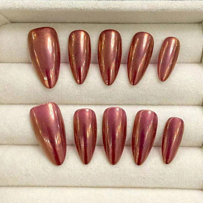 Almond Nails Red Bronze Metallic Handmade Press On Mirror Chrome Finish