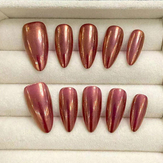 Almond Nails Red Bronze Metallic Handmade Press On Mirror Chrome Finish
