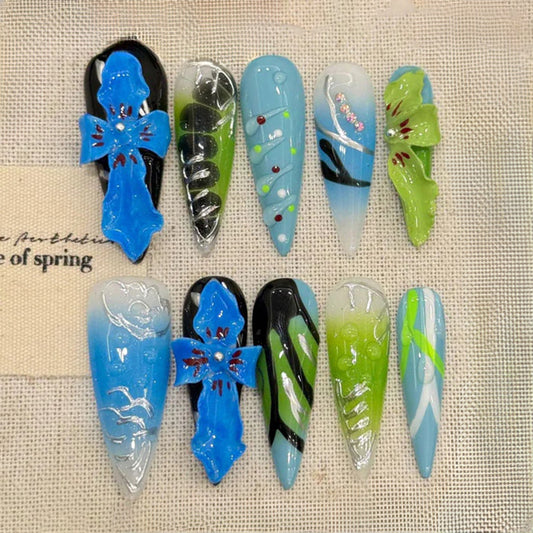 Blue-Green Transparent Stiletto Press-On Nails - Art Set