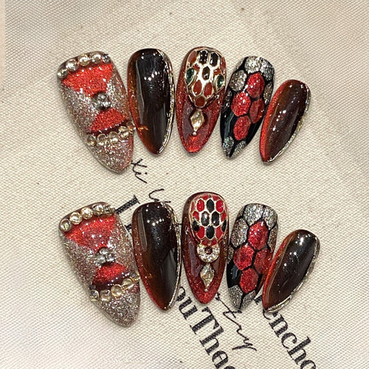 Almond Nails Red Black Leopard Rhinestone Handmade
