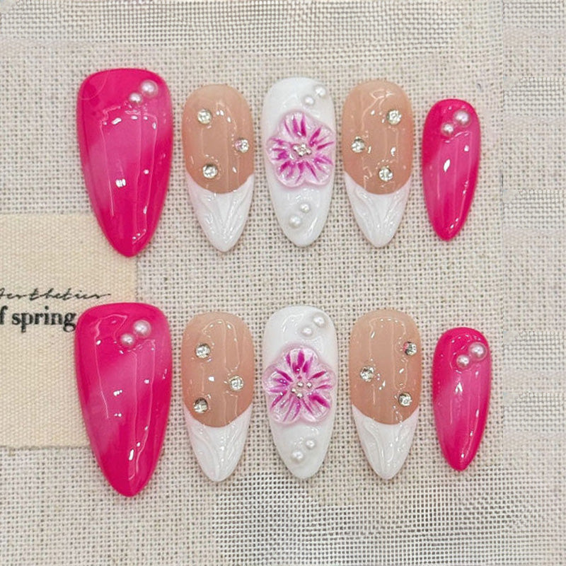Pink French Stiletto Press-On Nails - Floral Romance Set