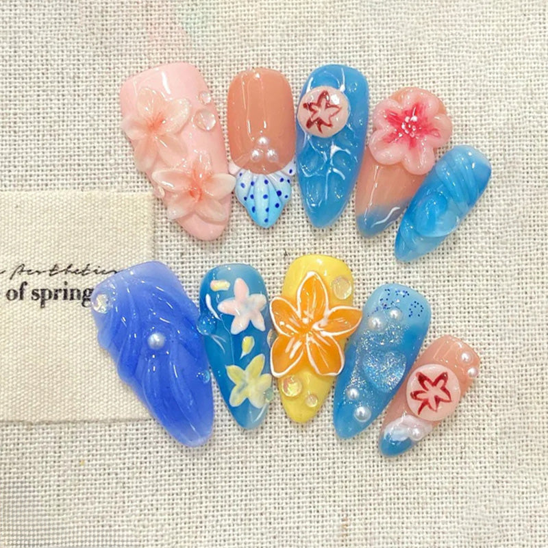 3D Flower & Shell Blue - Peach Gradient with Cute Patterns