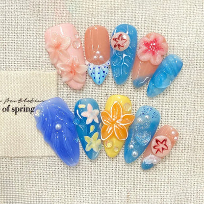 3D Flower & Shell Blue - Peach Gradient with Cute Patterns