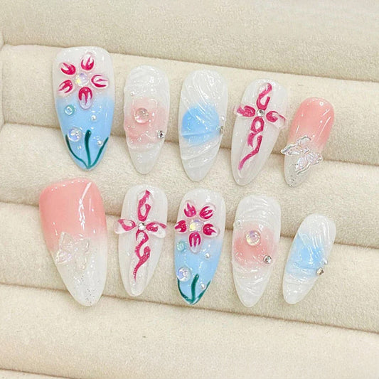 Almond Nails Clear Floral Pattern Handmade Press On Crystal Decoration