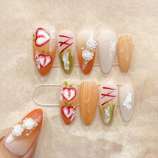 Mixed Shape Nails Heart Pattern Almond Square Handmade Design