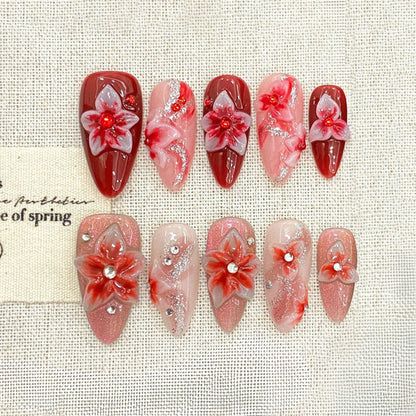 Red - Pink Floral Press - ons, 3D Flower & Rhinestone Decor