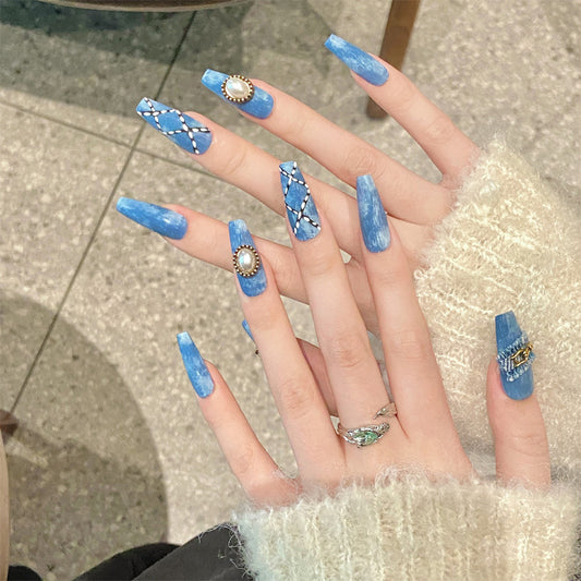 Blue Marble Nail Art Set | Gold Chain Pearl Luxury Nails