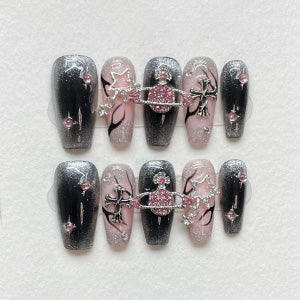 Coffin Medium Nails Black Pink Star Butterfly Glitter