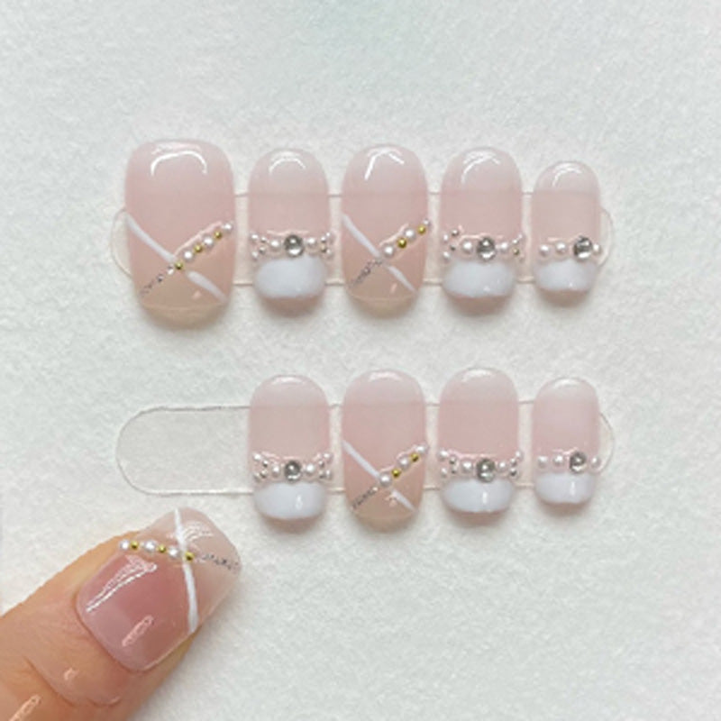 Ballerina Medium Nails Pink Gradient Pearl Chain Elegant