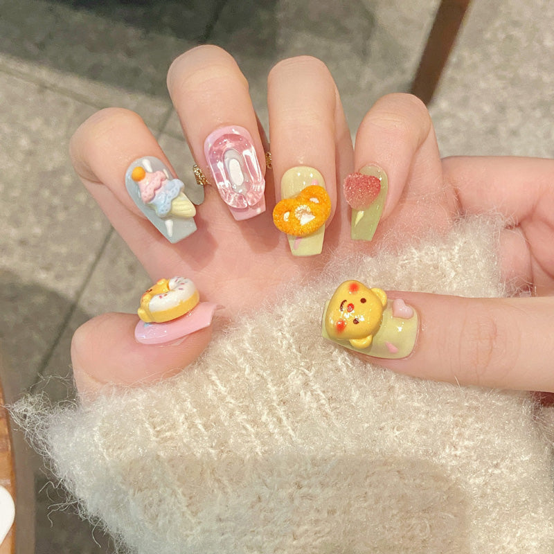 Premium Cute Cartoon 3D Kawaii Ballerina Short Nails - Sweet Character Decorations with Vibrant Pastel Colors and Charm"