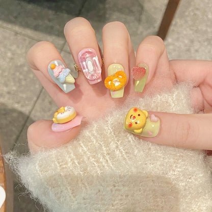 Premium Cute Cartoon 3D Kawaii Ballerina Short Nails - Sweet Character Decorations with Vibrant Pastel Colors and Charm"