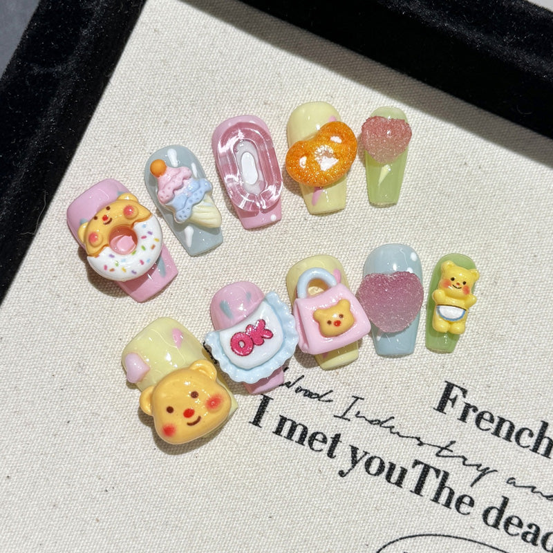 Adorable Cute Cartoon 3D Kawaii Character Ballerina Short Nails - Professional Quality with Dimensional Elements and Sweet Appeal