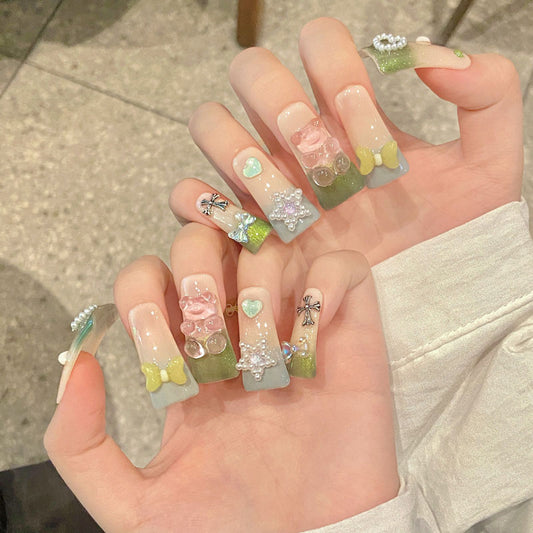 Green Gradient Flare Press On Nails - 3D Bow Design